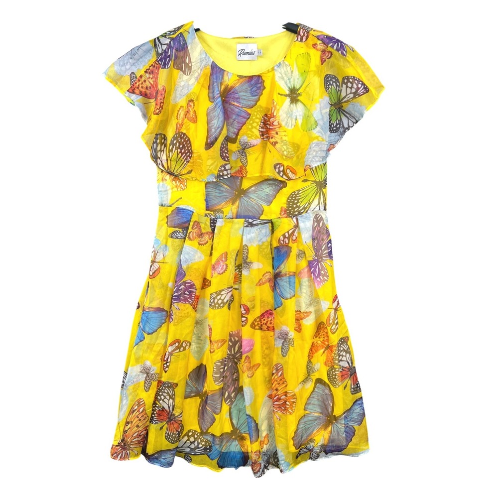 Rumies Bright Butterfly Fit & Flare Dress Size 8 Sheer Overlay Whimsical Cottage